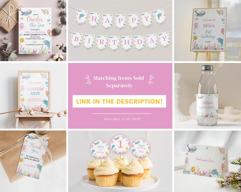 May include: A set of printable party decorations for a first birthday with an under the sea theme. The set includes a banner, cupcake toppers, a welcome sign, a water bottle label, a thank you tag, and a custom sign. The decorations feature a blue whale, a dolphin, a starfish, a crab, and a jellyfish.