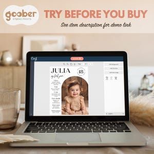 May include: A laptop screen displaying a customizable digital baby milestone poster template with the name Julia, birth details, and a central photo of a child. The interface includes editing tools, text boxes, and the text Try Before You Buy.