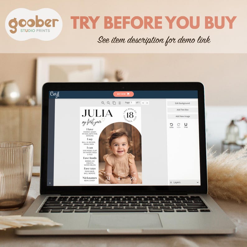 May include: A laptop screen displaying a customizable digital baby milestone poster template with the name Julia, birth details, and a central photo of a child. The interface includes editing tools, text boxes, and the text Try Before You Buy.