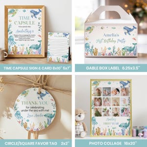 May include: A set of printable party decorations for a first birthday party with an under the sea theme. The set includes a time capsule sign and card, a gable box label, a circle or square favor tag, and a photo collage. The decorations feature watercolor illustrations of sea creatures, coral reefs, and seashells in shades of blue, green, and pink.