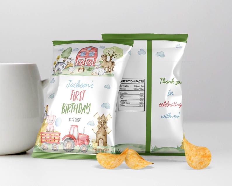 May include: A custom chip bag featuring a watercolor farm theme with a red barn, tractor, and animals. The text reads Jackson's FIRST BIRTHDAY 10.01.202X, with a nutrition facts label listing friendship and love, and the text Thank you for celebrating with me.