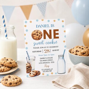 May include: A birthday invitation with the text "DANIEL IS ONE sweet cookie" and details for a party on August 28th. The invitation features a chocolate chip cookie illustration and is surrounded by cookies, milk, and balloons.