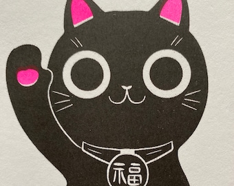 Postkarte Maneki-neko - Winkekatze - Lucky Cat - Good Luck - Viel Glück - Risographie