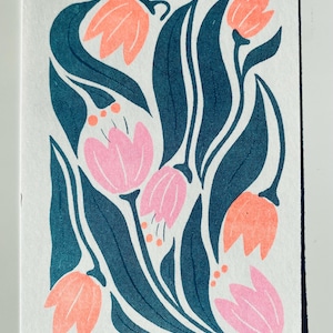 Postkarte Grusskarte Risoprint „Tulpen“ Blumen in Pink, Orange und Türkis