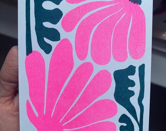 Postkarte Grusskarte Risoprint „Bunte Blumen“ Blume in Pink und Türkis oder Neonorange und Teal.