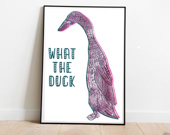 What the Duck - Running Duck, Neon Pink/Teal - Risography Print DinA4