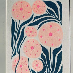 Postkarte Grusskarte Risoprint „Pusteblume“ Blume in Pink, Orange und Türkis