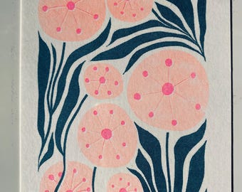 Postkarte Grusskarte Risoprint „Pusteblume“ Blume in Pink, Orange und Türkis
