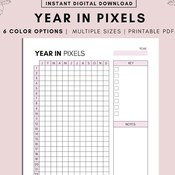 A Year In Pixels Printable Yearly Mood Tracker Year in Pixels Template Planner Inserts A5, A4 & Letter PDF Instant Download