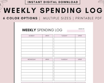 May include: Printable weekly spending log template with a simple design. The log is divided into seven days of the week, with columns for the day of the week and the amount spent. There is also a section for notes.