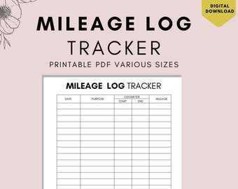 May include: Printable mileage log tracker with columns for date, purpose, odometer start and end, and mileage. There is also a section for notes.
