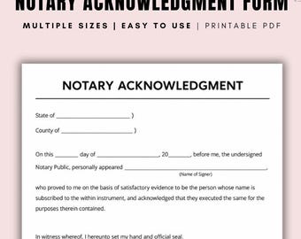 Notary Acknowledgment Form PDF, Printable Notary Certificate, Blank Notary Form, Notary Acknowledgement Template, Legal Form Printable
