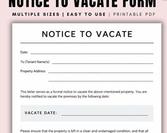 Notice to Vacate Template PDF, Tenant Move Out Notice, Landlord Rental Notice, Printable Notice to Vacate, Property Manager Form