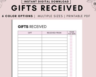 Può includere: Un tracker di regali stampabile con colonne per il regalo, ricevuto da e grazie inviato. Il tracker ha uno sfondo rosa e linee nere.