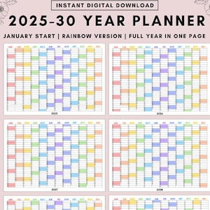 May include: A digital planner spanning the years 2025-2030, featuring a rainbow color scheme. The planner is designed with a full year on one page, starting in January. Text includes "INSTANT DIGITAL DOWNLOAD" and "FRGLMAMA@ETSY".