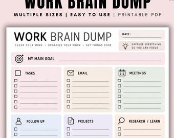 Work Brain Dump Printable | Work Brain Dump Planner | Office To Do List | Productivity Worksheet | Work Planning Printable