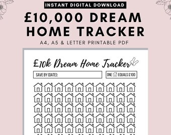 May include: Printable black and white dream home tracker with a grid of 100 houses. Each house represents £100. The tracker includes a section to write the date you started saving and a notes section.