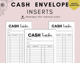 May include: Three printable cash tracker sheets with the text "CASH tracker" at the top of each sheet. The sheets are designed for use with cash envelopes and have columns for date, description, in/out, and balance.
