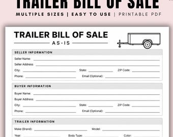 Trailer Bill of Sale as is PDF, Printable Trailer Sale Form, Trailer Bill of Sale Template, Private Party Proof of Sale, A4 US Letter