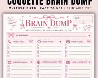 Coquette Pink Brain Dump Printable | Brain Dump Planner | Brain Dump Worksheet | Daily To Do List | Busy Mom Planner | Pink Productivity