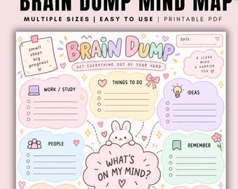 Brain Dump Printable Mind Map | Brain Dump Planner & Worksheet | What's On My Mind | Productivity Printable | Kawaii Design  Kawaii Planner