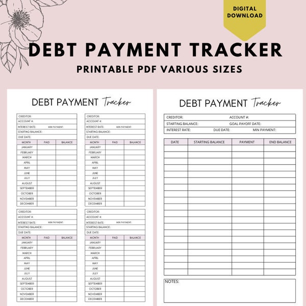 Zahlungs-Tracker druckbar, druckbare Debt Tracker, Debt Snowball Tracker, Debt Payoff Log, Geld Planer, Budget Planer PDF