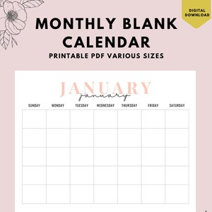 BLANK Monthly Calendar Landscape, Printable Calendar, Year Calendar ...