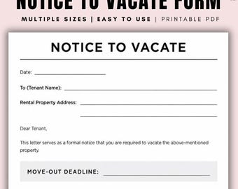 Notice to Vacate Template PDF, Tenant Move Out Notice, Landlord Rental Notice, Printable Notice to Vacate, Property Manager Form