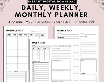 Afdrukbare dagelijkse, wekelijkse en maandelijkse plannerset (A4 en US Letter) (directe download)