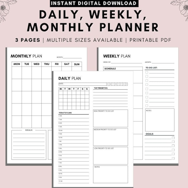 Daily Planner Tracker, Weekly Planner, Monthly Planner, Printable Planner, Planner Inserts, Planner set, A4 & US Letter, Instant Download