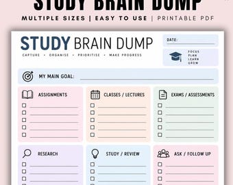 Study Brain Dump Printable | Student Brain Dump Planner | Study Planner Worksheet | Assignment & Exam To Do List | Student Productivity