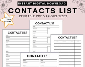 Contact List Printable , Address Book Printable, Address Log Printable, Contacts Page Printable, Minimal, Letter Size PDF, Instant Download