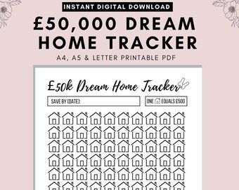 May include: A printable black and white tracker to help save for a dream home. The tracker features 100 small house icons, each representing £500. The tracker also includes a section to write down the date you hope to save by and a notes section.