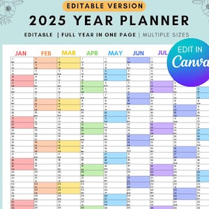 Editable 2025 Yearly Calendar Template – Minimalist Canva Year Planner, Printable Annual Calendar, - Yearly Planner on 1 Page Landscape 2025