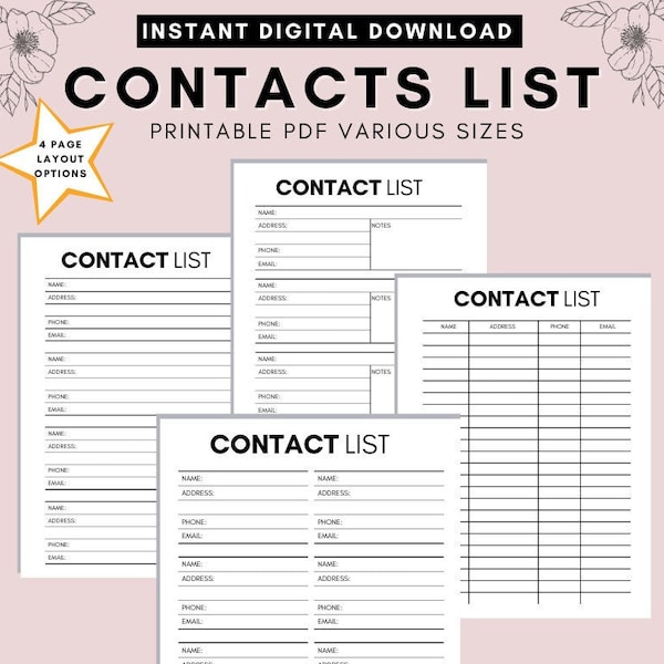 Contact List Printable , Address Book Printable, Address Log Printable, Contacts Page Printable, Minimal, Letter Size PDF, Instant Download