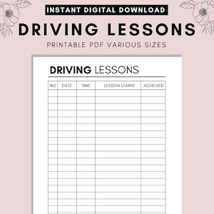 Rijlessen Tracker afdrukbaar, rijvoortgang afdrukbaar. Rijexamen Voorbereiding, Rijbewijs, A4, A5, Brief, PDF Instant Download