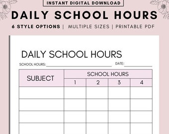 May include: Printable daily school hours planner with a black and white grid. The planner has a section for subject, school hours, and date.
