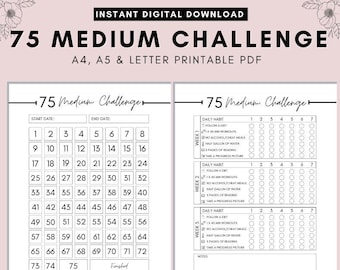 75 Medium Challenge Tracker, 75 Soft Challenge, 75 Day Challenge Printable,  Fitness Journal, Self Improvement, Weight Loss Challenge, PDF