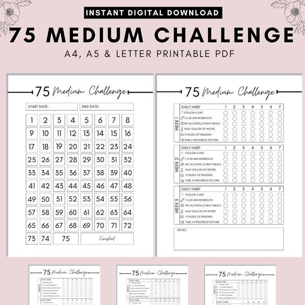75 Medium Challenge Tracker, 75 Soft Challenge, 75 Day Challenge Printable,  Fitness Journal, Self Improvement, Weight Loss Challenge, PDF