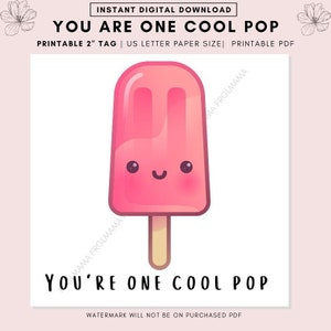 Puede incluir: Etiqueta imprimible de 5 cm con un helado de paleta rosa con una cara sonriente y el texto "You're one cool pop".