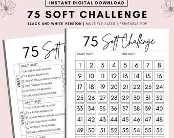 75 Soft Challenge Tracker, 75 Soft Challenge, 75 Day Challenge Printable,  Fitness Journal, Self Improvement, Weight Loss Challenge, BW