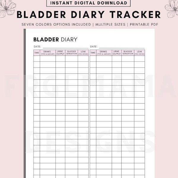 Bladder Diary Tracker Printable, Urination Events Features & Symptoms, Frequent Urination Tracker Health Printable, Bladder Void Log Track