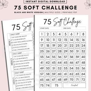 75 Soft Challenge Tracker, 75 Soft Challenge, 75 Day Challenge Printable,  Fitness Journal, Self Improvement, Weight Loss Challenge, BW