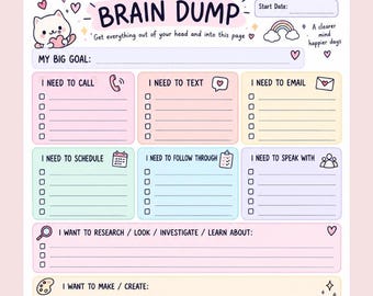Brain Dump Printable  Brain Dump Planner | Daily Brain Dump Worksheet | To Do List & Priorities | Kawaii Planner