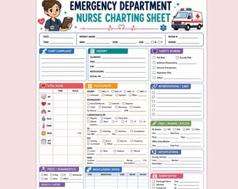 Emergency Department Nurse Charting Sheet Printable | ER Nurse Report Sheet PDF | ED Nursing Brain Sheet | Nursing Notes A4 Digital Download