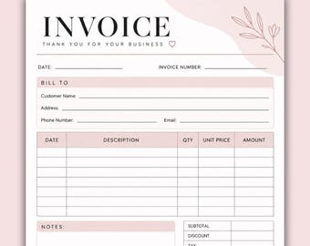 Simple PINK Invoice PDF Template, Printable Invoice, Small Business Invoice, Freelancer Invoice, Professional Invoice Form, Instant Download