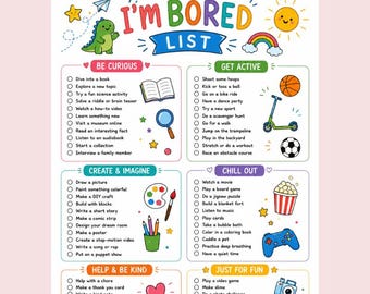 I’m Bored List Printable for Kids PDF | Summer Activity Checklist | Screen Free Ideas for Kids | Rainy Day Activity Sheet