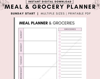 Weekly Meal & Grocery Planner: Sunday Start (Digital Download)