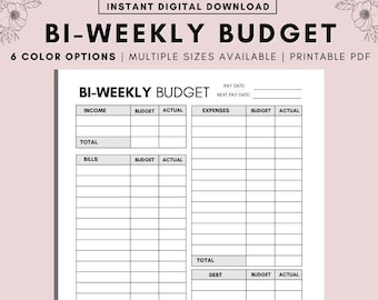 Könnte beinhalten: Ein druckbarer zweiwöchiger Budget-Tracker mit Abschnitten für Einkommen, Ausgaben, Rechnungen, Ersparnisse und Schulden. Der Tracker enthält Spalten für Budget- und Ist-Beträge. Das Dokument enthält den Text "BI-WEEKLY BUDGET" und "FRGLMAMA@ETSY".