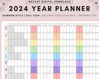 2024 Year Calendar Printable, 2024 Wall Planner, Yearly Calendar 2024, Year at a Glance, Year Overview 2024, Rainbow, 2024 Year Calendar,PDF